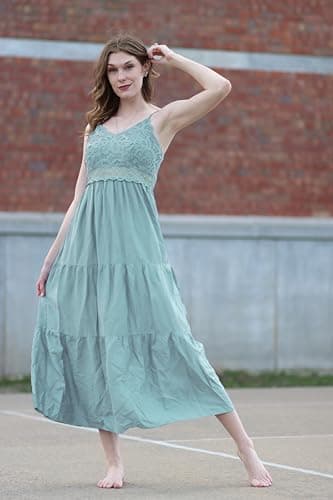 Dokuritu Women's Beach Crochet Lace Maxi Dress Solid Color Sage Green Wedding Guest Summer Spaghetti Strap Long Boho Dress 2024 (MintGreen, M) - Image 5