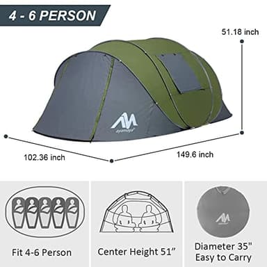 6 Person Easy Pop Up Tents for Camping - AYAMAYA Double Layer Waterproof Instant Tent with Vestibule & Porch, Large Size Family Automatic Setup 4-6 People Hiking (Poles Included) - Image 3
