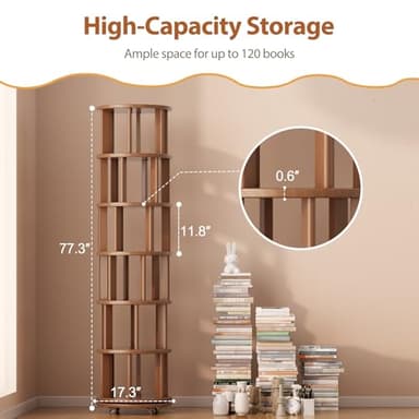Muwuele Solid Wood Rotating Bookshelf on Wheels, 6 Tier, Round Revolving Bookcase, 360° Spinning Book Shelf Tower for Kids, Narrow Rolling Bookshelves for Small Space, Corner, Bedroom, Office, Walnut - Image 2