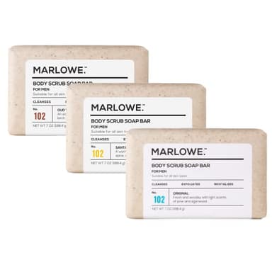 MARLOWE. No. 102 Men's Body Scrub Soap 7oz (Variety Trio) Best Exfoliating Body Soap Bars for Men, Made with Natural Ingredients, Green Tea Extract, Features 3 Amazing Scents - Image 1