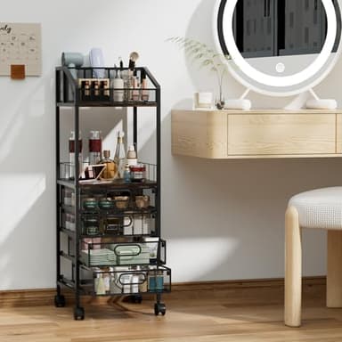 HapiRm Makeup Organizer Storage Cart - Floor Skincare Make Up Storage with 4 Drawers, Rolling Makeup Cart Vanity Organizer Cosmetics Display Cases Holder for Skin Care Perfume Nail Polish - Image 2