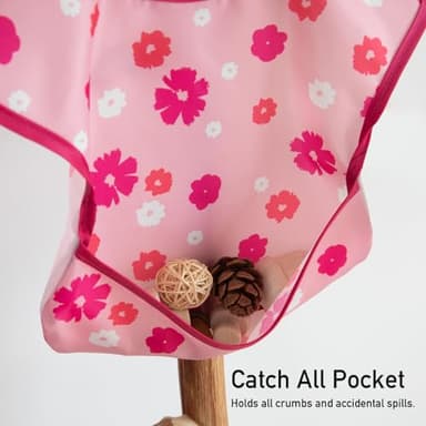 CIVARUA KIDS Mess Proof Baby Bib 3 Pack, Waterproof Led Weaning Baby Feeding Bibs With Food Catcher, Travel Pink Red Floral Feeding Bibs for girl boy - Image 6