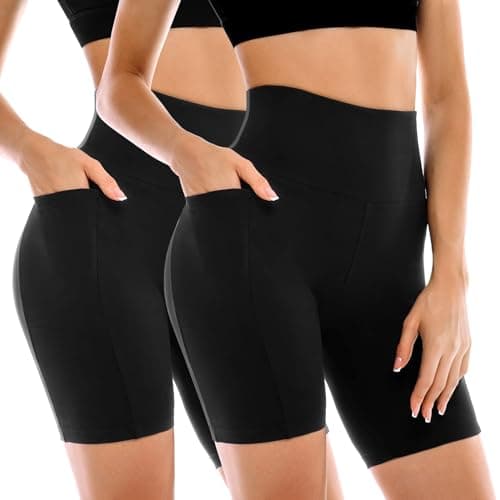 Leafigure 2 Pack Womens Biker Shorts with Pockets, High Waisted Tummy Control Yoga Shorts for Women Running Gym and Workout Black L-XL - Image 1
