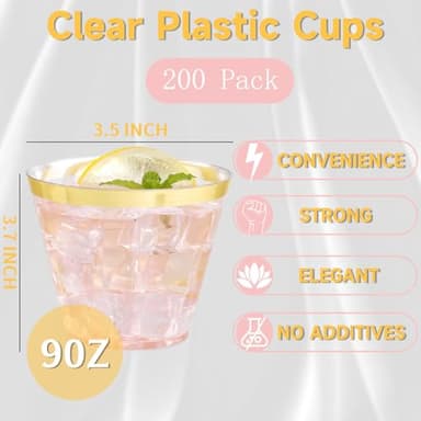 WELLIFE 200 PCS Gold Plastic Cups,9 oz Clear Plastic Cups,Disposable Wine Glasses,Plastic Cocktail Glasses for Party and Wedding - Image 2