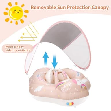 Free Swimming Baby Infant Pool Float with Sun Canopy Inflatable Baby Swimming Floatie with Sponge Safety Bottom Support Water Toys Swimming Trainer (Pink, Large) - Image 2