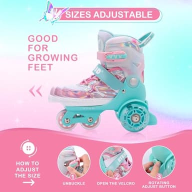 HYKID Toddler Roller Skates 4 Adjustable Sizes Fun Illuminating Safety Three-Point Type Breathable Upper Beginner Roller Skates for Girls Kids Butterfly Small 11-1 - Image 6