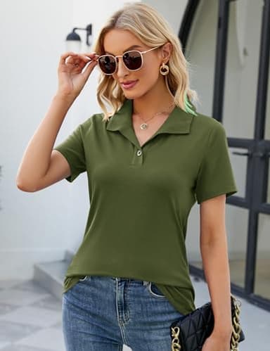 Women's Polo Shirts Short Sleeve Shirts for Women Business Casual Tops Cotton Blouses Fitted Shirts Dry Polo Shirts,Army Green,S - Image 2