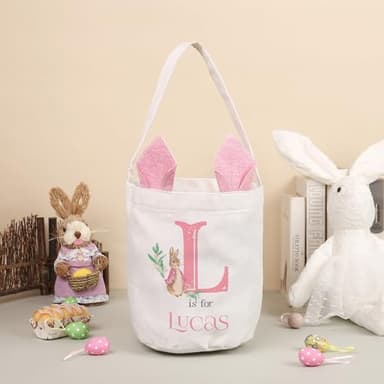 Personalized Easter Baskets for Kids Girls Boys with Customized Name, Cute Easter Bunny Egg Buckets Gifts Tote Bags Hunt Basket for Newborns to 14 Year Old, Pink - Image 2