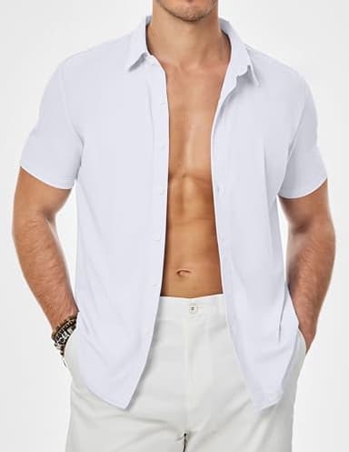 JMIERR Men's Muscle Fit Dress Shirts Wrinkle-Free Short Sleeve Casual Button Down Shirt Summer Beach Shirts,L,White - Image 9