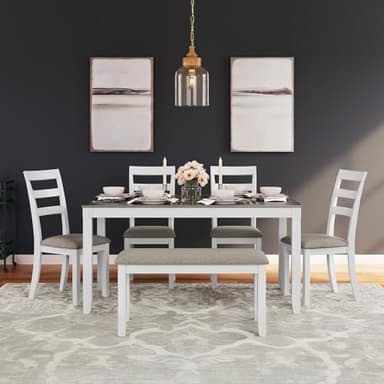 Signature Design by Ashley Stonehollow Modern Farmhouse Dining Table with Upholstered Chairs and Bench, Set of 6, White & Gray - Image 2