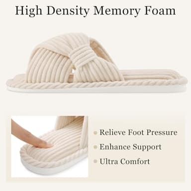 Evshine Fall House Slippers for Women Corduroy Cross Bow Indoor Slippers Open Toe Slip On Bedroom Shoes with Memory Foam, Beige 270 (Size 8-8.5) - Image 4