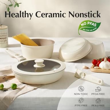 Redchef Pans and Pots Set Nonstick, Ceramic Cookware Set with Detachable Handles, Healthy,Non Toxic, Kitchen Cookware Sets16Pcs, Induction RV Kitchen Set, PFAS PFOA & PTFE Free, Beige White - Image 2