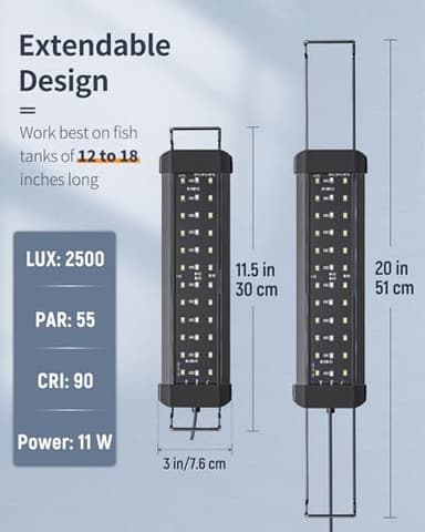 Pawfly 11W Aquarium LED Light for 12 to 18 Inch Fish Tanks Extendable Fish Tank Light with Full Spectrum Brilliant White Blue Red Lights with Daytime & Night Modes and Adjustable Brightness - Image 2