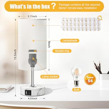 LuxeBeam 3-Way Dimmable Bedside Touch Lamp - USB-C and USB-A Ports, Faux Marble Base, White Shade with Silver Thread, Includes 8W LED Bulb for Bedroom, Living Room, Desk - Image 5