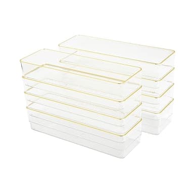 Martha Stewart Kerry Plastic Stackable Office Desk Drawer Organizers, 9" x 3", 8 Pack, with Gold Trim - Image 2