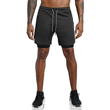 Leidowei Men's 2 in 1 Workout Running Shorts Lightweight Training Yoga Gym 7" Short with Zipper Pockets Black L - Image 2