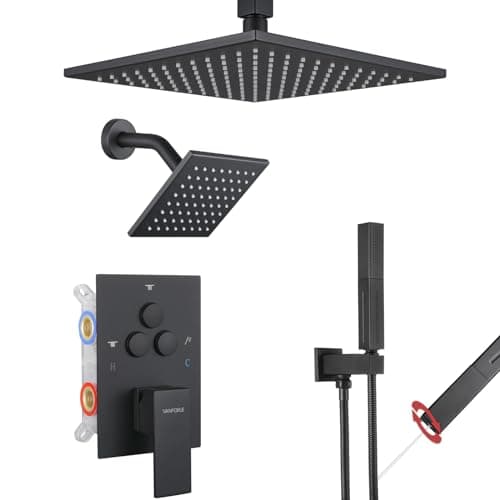VANFOXLE Shower Faucet Set Matte Black Shower System,Push Button Diverter Shower Faucet with 2 in 1 Handheld,Ceiling Mount 10 Inch Shower Head with 6 Inch Wall Mount Shower Head - Image 1