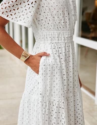 ZESICA Women's 2025 Summer Short Sleeve Maxi Dress Casual V Neck Hollow Out Eyelet Ruffle Swing A Line Long Dresses,White,Medium - Image 4