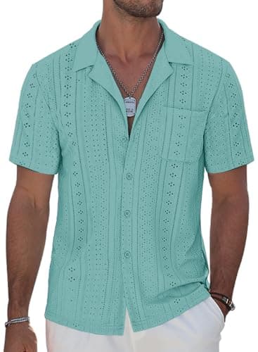 TUREFACE Men's Green Summer Beach Shirts Short Sleeve Button Up Hollow Out Hawaiian Vacation Cuba Shirts - Image 2