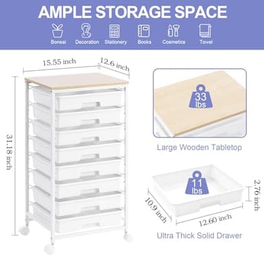 SYKIARIOL Rolling Storage Cart with Drawers,Utility Cart With 8 Drawers and Wooden Tabletop,Rolling Drawer Cart,Storage Drawer Cart for Living Room,Classroom,Bedroom,Bathroom,Dorm,Office,White - Image 5