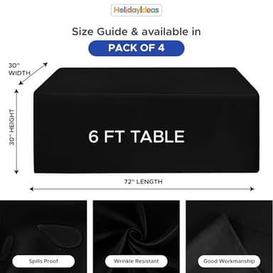 HolidayIdeas Fitted Black Tablecloths for 6 Foot Rectangle Table, Wrinkle Resistant Washable Table Cover 72x30 Inch for Vendor Booth Display, Banquet, Trade Show, 4 Pcs - Image 4