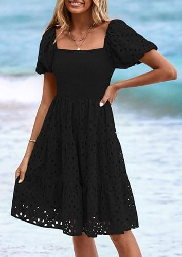 PRETTYGARDEN Womens Summer Puff Sleeve Mini Dress Off Shoulder Eyelet Smocked A Line Casual Babydoll Short Dresses (Black,Medium) - Image 6