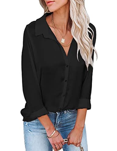 Diosun Womens Button Down V Neck Shirts Long Sleeve Office Casual Business Plain Blouses Tops(M, Black1) - Image 2