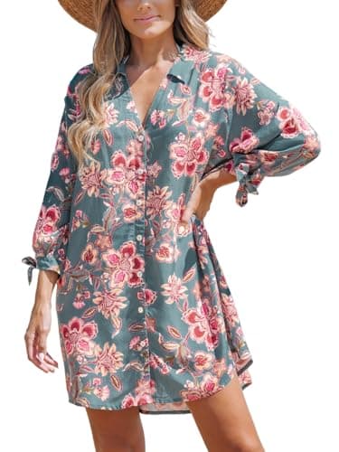CUPSHE Women Mini Summer Dresses Cover Up Floral Top Shirt 3/4 Sleeve Cuff Tie Button Down Casual Sundress Beach Dress Cover Ups, Paisley Floral L - Image 1
