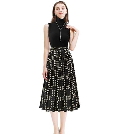 Kingfancy Women's Pleated Skirt Chiffon Elastic Waist A-Line Midi Length Skirt Black Dot M - Image 2