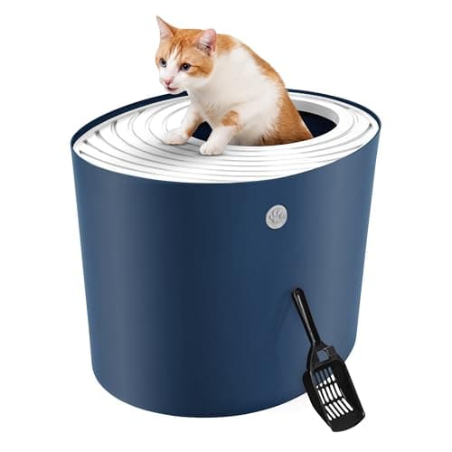 IRIS USA Cat Litter Box, Large Top Entry with Litter Catching Lid and Scoop, Dog Proof, Cat Box Enclosure, Navy/White - Image 1
