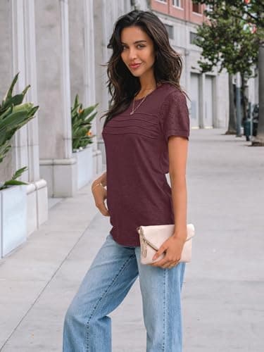 AUTOMET Women's Short Sleeve Shirts Dressy Lace Summer Tops 2025 Spring Trendy Casual T-Shirts Cute Work Outfits Blouses WineRed M - Image 3