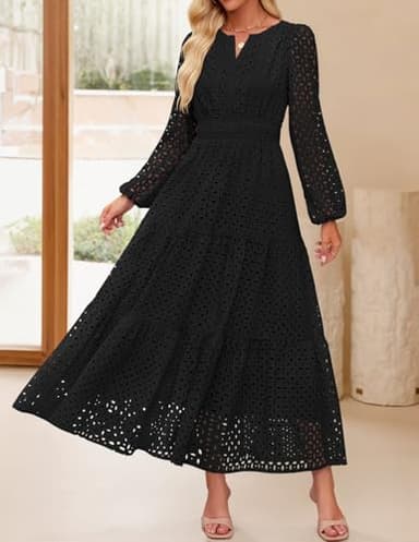 ZESICA Women's 2025 Fall Long Sleeve Maxi Dress V Neck Hollow Out Eyelet A Line Long Flowy Casual Party Dresses Black Large - Image 8