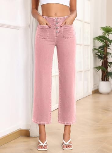 Sidefeel Women's Wide Leg Jeans High Waisted Straight Leg Zimbaplatinum Jeans Buttoned Loose Stretchy Denim Pants with Pocket Peach Blossom Size 16 - Image 5