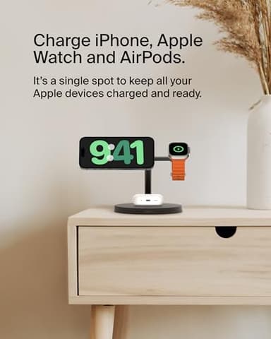 Belkin MagSafe-Compatible Charger, 3-in-1 Wireless Charging Station, Qi2-Certified 15W Wireless Charge for Apple iPhone 16 Series, Apple Watch, AirPods w/Non-Slip Base, 40W Included - Black - Image 2