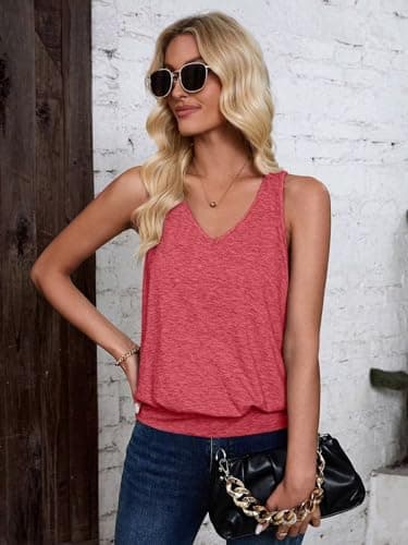 Sialois Womens Tank Tops Casual V Neck Sleeveless Spring Summer Clothes Solid Color Loose Fit Cute Y2K Outfit Basic Cami 2025 Fashion Shirts,Rose Red,Small Size - Image 6