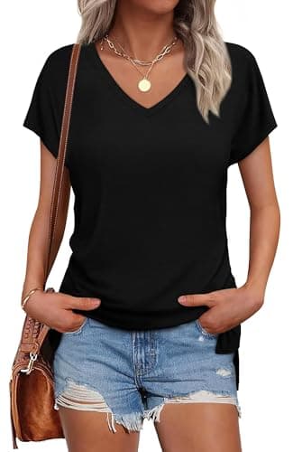 WIHOLL Womens Summer Basic Tops Business Casual Loose Fit V Neck T Shirts Cap Sleeve Oversized Summer Beach Vacation Clothes Dressy Trendy 2025 Fashion Tee Blouses Black XL - Image 3