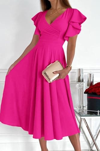 PRETTYGARDEN Summer Midi Dress 2025 Spring Ruffle Sleeve V Neck Cocktail Wedding Guest A Line Fit and Flared Dresses (Rose Red,Large) - Image 3