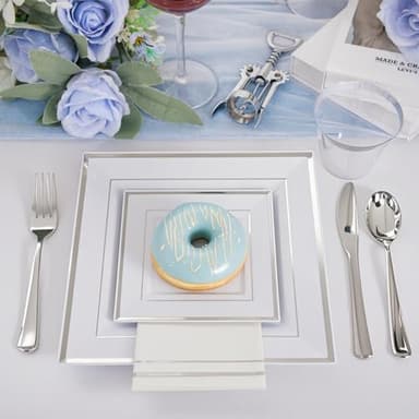 Festiva 350Pcs Silver Plates - Silver Square Plastic Plates 9 .5" and 6" - serve for 50 guests include 50 Cups 50Plastic Cutlery 50Hand Napkins Perfect for Party&Wedding&Birthday&Christmas - Image 5
