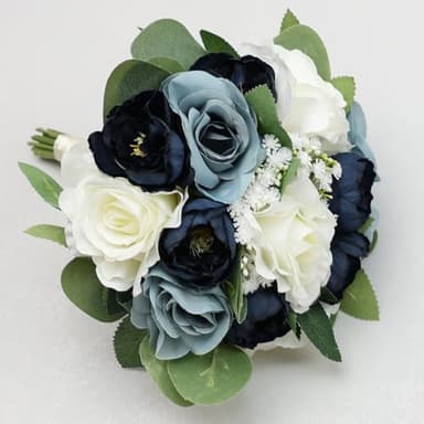 DIYDOFUN Set of 6 Navy & Dusty Blue Silk Bridesmaid Bouquets, 11 Inch Round Artificial Flower Arrangements for Wedding Decorations - Image 4