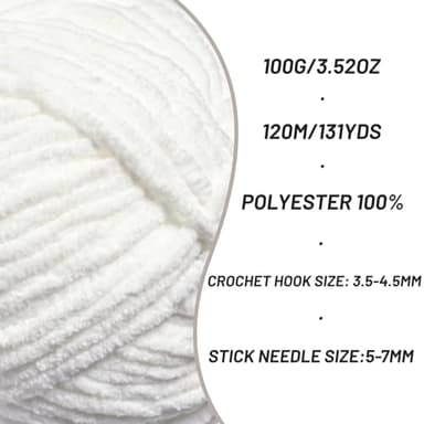 Plush Chenille Chunky Crochet Yarn - Baby Yarn for Crocheting Soft - Velvet Yarns Knitting for Blankets Crafts - Fluffy Amigurumi Yarns 100g / 131yd (Snow White) - Image 2
