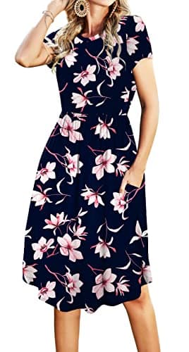 Women Summer Knit Sleeve Pocket Tshirt Midi Knee Casual Dress Pink Floral Navy S - Image 1