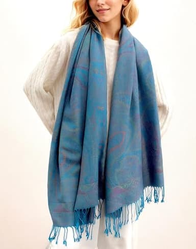Achillea Soft Silky Reversible Paisley Pashmina Shawl Wrap Scarf w/Fringes (Tapestry Turquoise) - Image 5