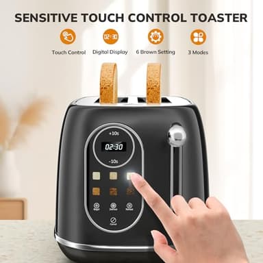Keenstone Smart Touch Screen Toaster 2 Slice, Retro Wide Slot Stainless Steel Toaster with 6 Browning Levels, Reheat & Defrost, for Bagel, Toast, Bread, Removable Crumb Tray, Black - Image 4