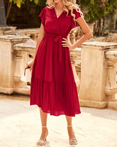 BTFBM Women Summer Bohemian Floral Casual Wrap V Neck Ruffle Cap Sleeveless Belt A-Line Pleated Hem Swing Midi Sun Dress (Solid Red, X-Large) - Image 2