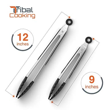 Tribal Cooking Kitchen Tongs with Silicone Tips - Stainless Steel tongs for cooking - 9" and 12" Tongs With Silicone Rubber Non Slip Grips, Heat Resistant Metal Tongs. - Image 3