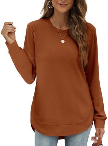 OFEEFAN Womens Sweatshirt Loose Fit Tops for Women Casual Fall Side Spilt Womens Fall Fashion 2025 boho tops for women Caramel S - Image 1