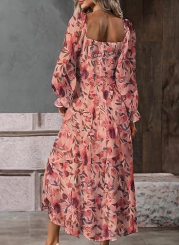 BLENCOT Womens Floral Square Neck Long Sleeve Dress Side Split Thigh Tie Front Flowy Boho Maxi Dresses Red Flroal Printed XL - Image 3