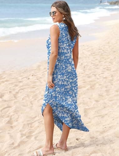 Sampeel Summer Dresses for Women 2025 Sundresses Casual Long Flowy Beach Vacation Date Cruise Essentials 2025 Floral Blue M - Image 4