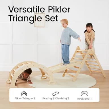 Tiny Land Pikler Triangle Set, 7-in-1 Foldable Pikler Triangle Climbing Toys Set for Kids,Baby Indoor Playground Jungle Gym, Wooden Montessori Climbing Set for Toddler (Natural) - Image 2