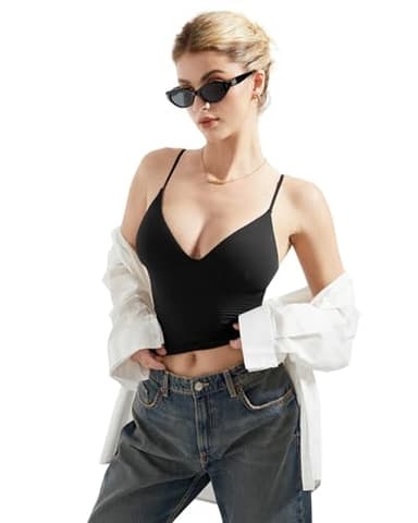 SUUKSESS Women Sexy Deep V Neck Sleeveless Fitted Basic Tops Y2K Going Out Crop Tank Top Camisole (Black,S) - Image 5